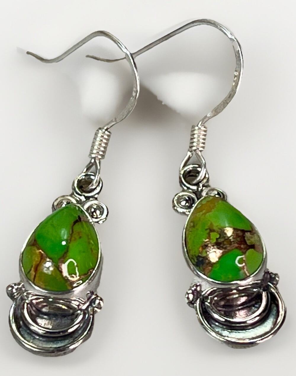 Southwestern Green Copper Turquoise Sterling Silver 925 Drop Dangle Earrings